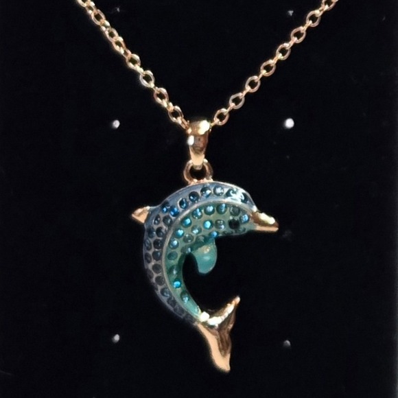 Jewelry - Gold Tone Blue Teal‎ Enamel Rhinestone Dolphin Pendant Necklace 18 Inch Ocean